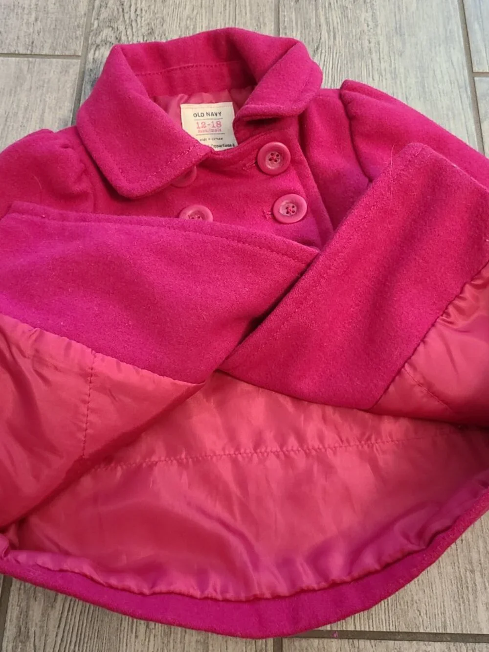 Old Navy Wool Blend Double Breasted Peacoat Fuchsia Pink Baby Girl Size 12-18M